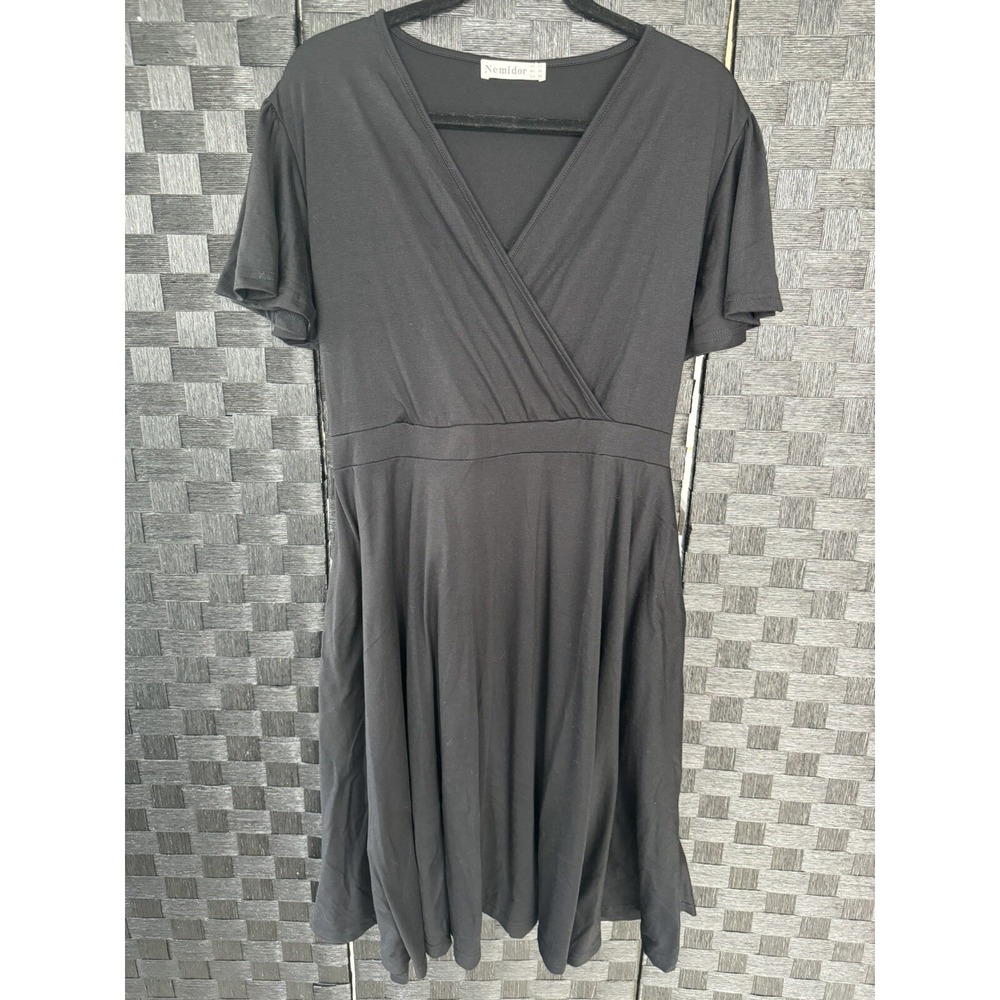 Nemidor Plus Size 18 Short Bell Sleeve Party Dress V Neck Back Tie Black